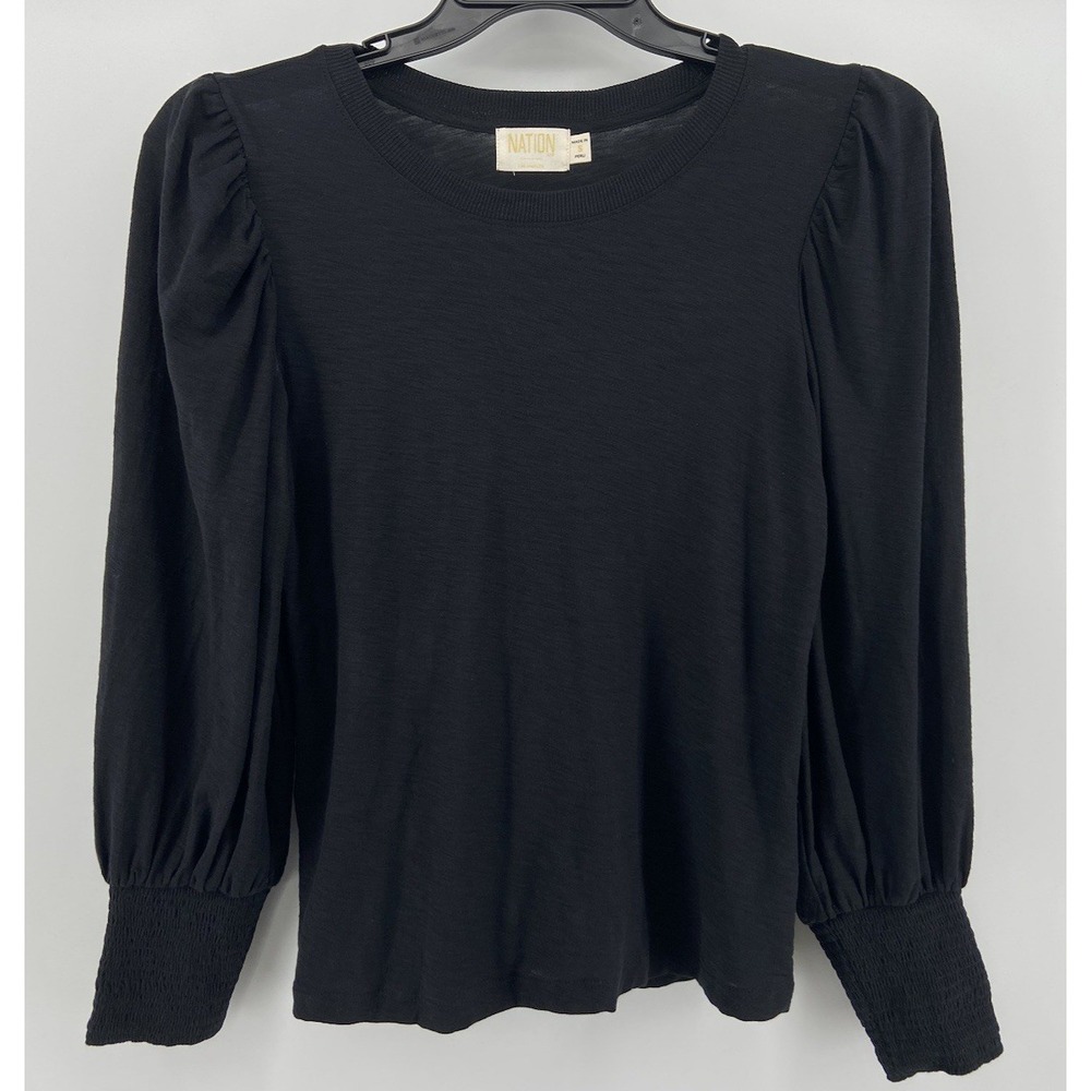 Nation LTD Shirt Women Small Top Black Pima Cotton Long Sleeve Puff Light Casual